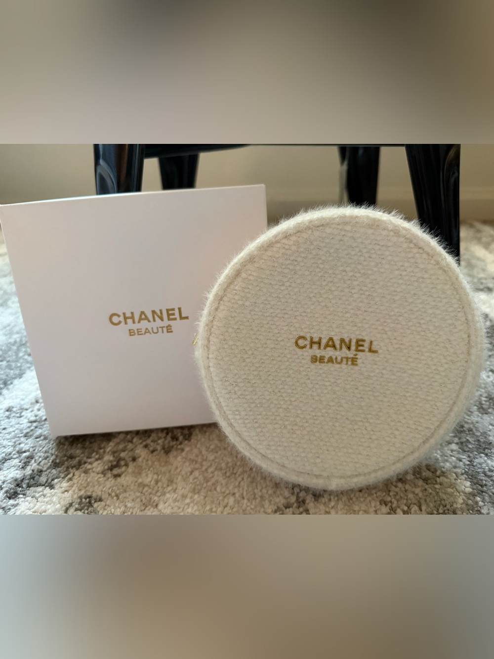 CHANEL Beauté Cream Round Makeup Pouch with Gold Logo